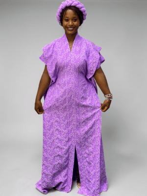 Lavender purple 3D floral gown with raised floral texture and adjustable waist ties on grey studio background