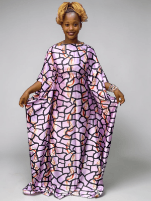 Lilac blush and black mosaic printed satin kaftan with adjustable waist ties on grey studio background